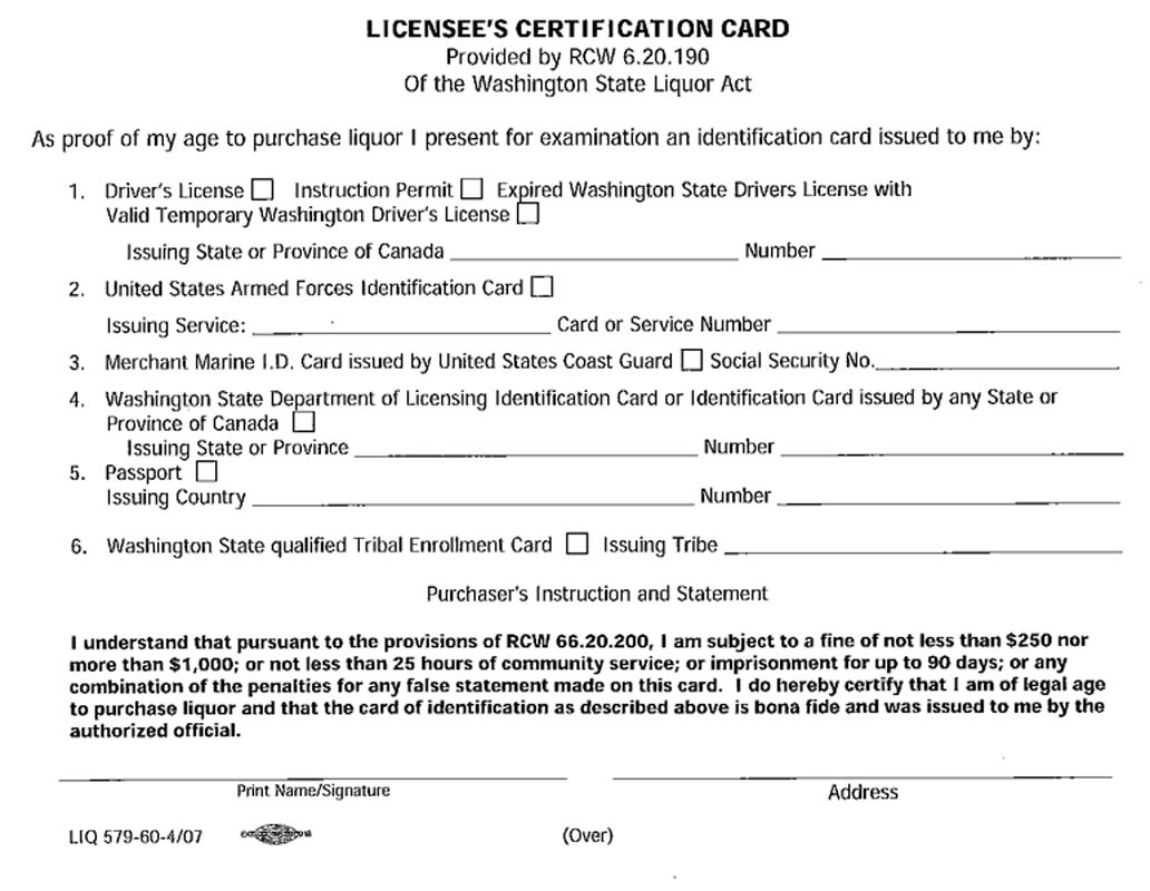 Washington License Certification card Washington License Certification card